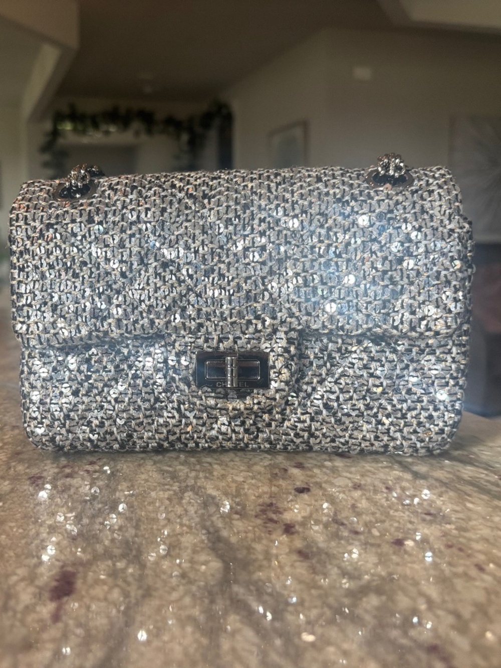 Chanel 2.55 Reissue Silver Sequin Tweed Flap Bag